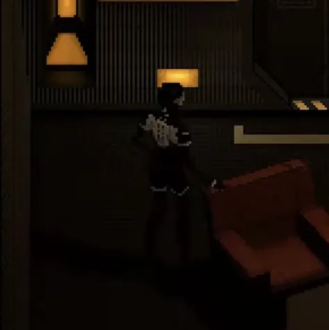 a screenshot of adler from a cutscene, he caresses a chair with one hand